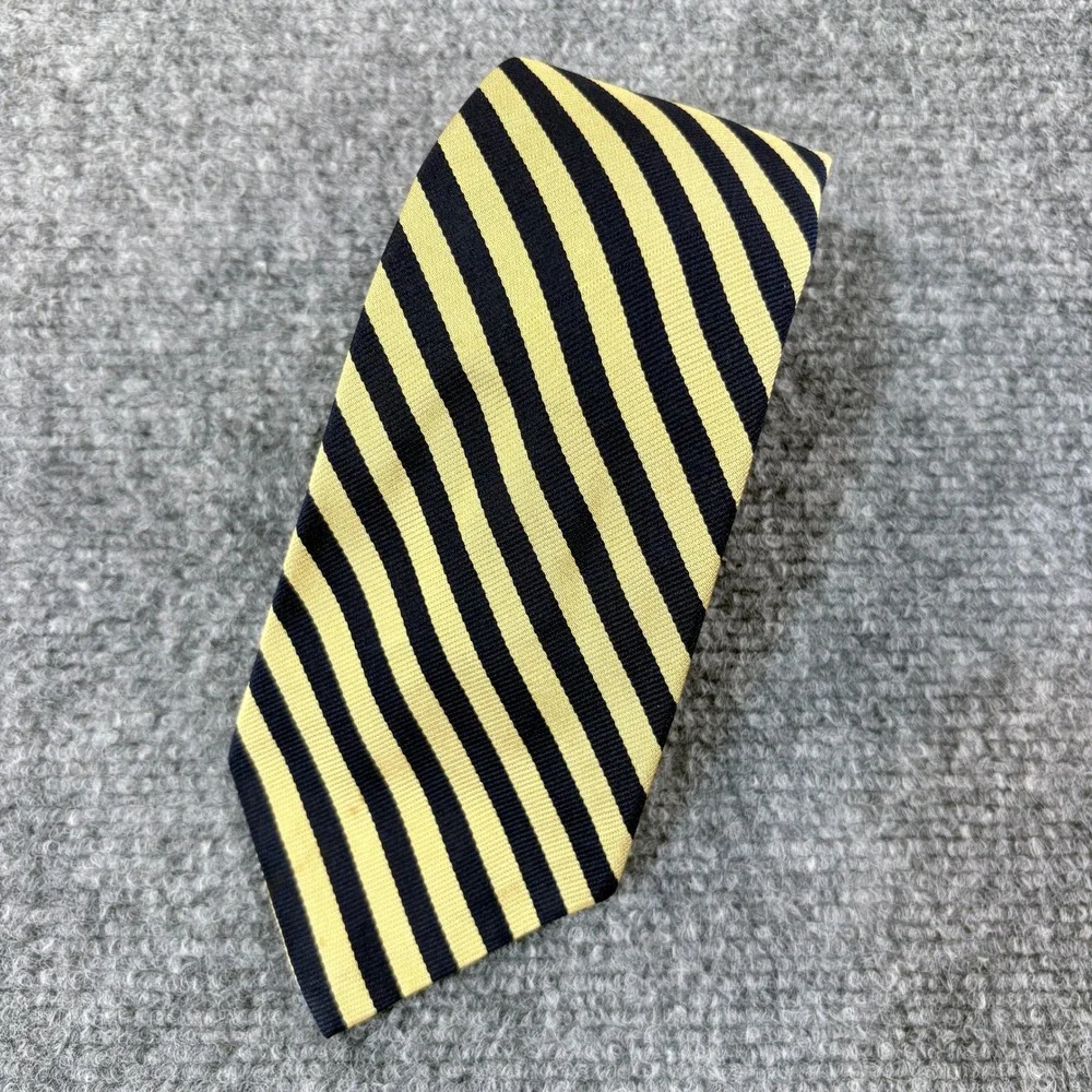VTG Robert Talbott Mens Silk Tie Yellow Navy Blue Striped Hand Sewn USA Made